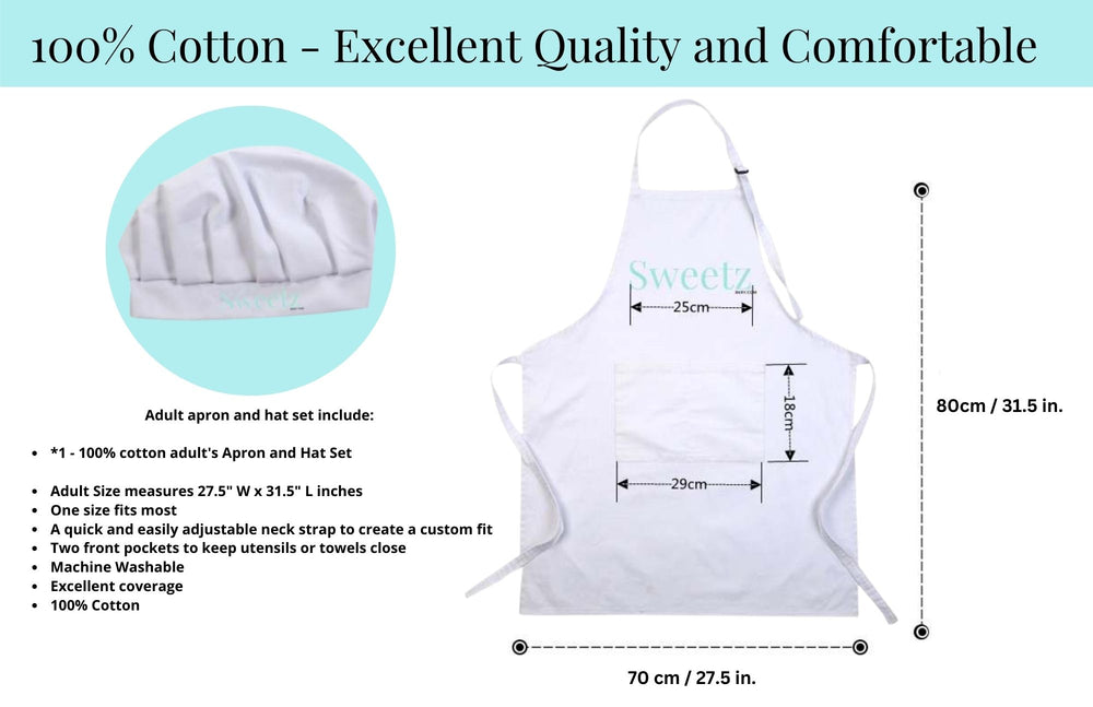 100% Cotton Adult Apron & Hat Set, Unisex - Multiple Use Apron - Excellent Coverage Sweetz Bkry By Jess