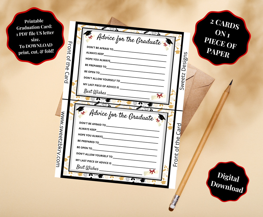 Printable Graduation Advice Card, 2 - 7*5in flat cards per page - PDF Sweetz Bkry Baking with Jess