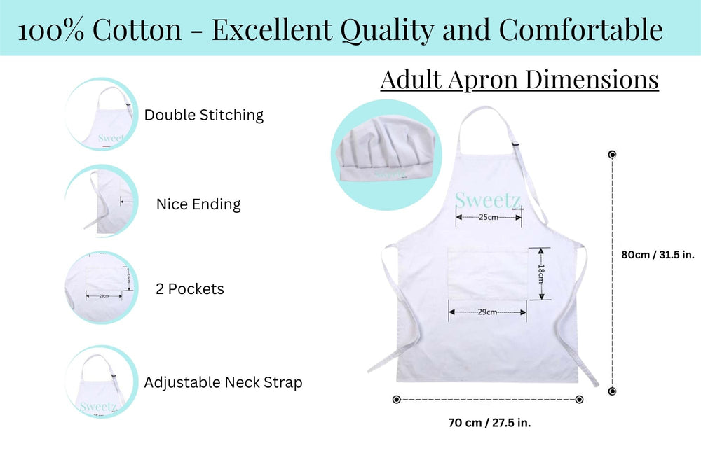 100% Cotton Adult Apron & Hat Set, Unisex - Multiple Use Apron - Excellent Coverage Sweetz Bkry By Jess