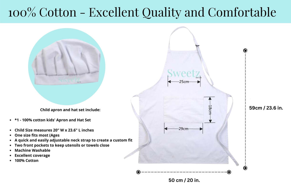 100% Cotton Child Apron & Hat Set, Unisex - Multiple Use Apron - Excellent Coverage Sweetz Bkry By Jess
