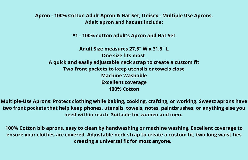 100% Cotton Adult and Child Apron & Hat Set, Unisex - Multiple Use Apron - Excellent Coverage Sweetz Bkry By Jess