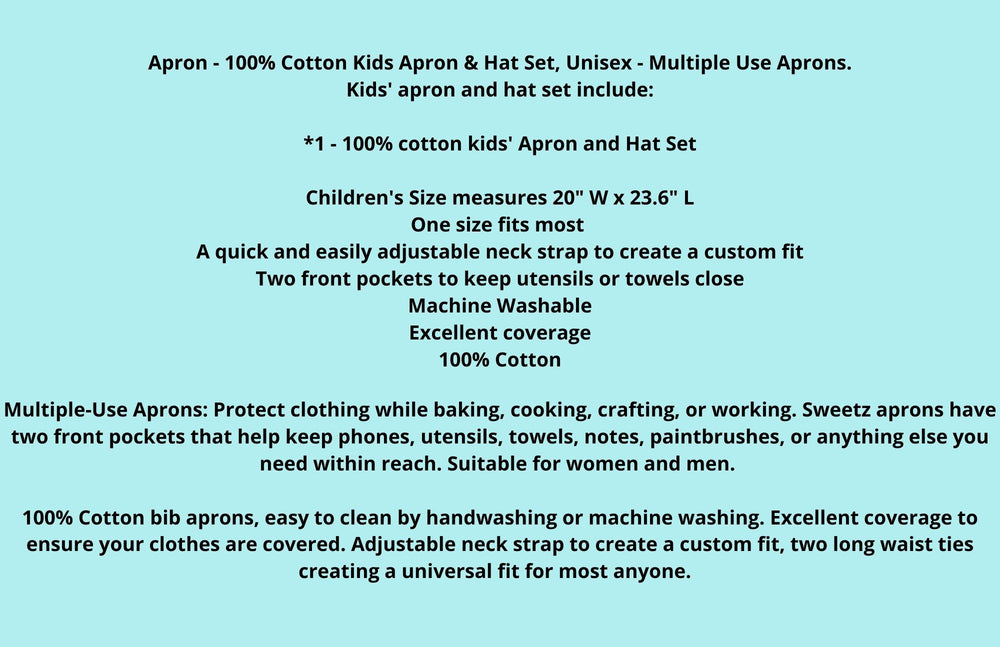 100% Cotton Adult and Child Apron & Hat Set, Unisex - Multiple Use Apron - Excellent Coverage Sweetz Bkry By Jess